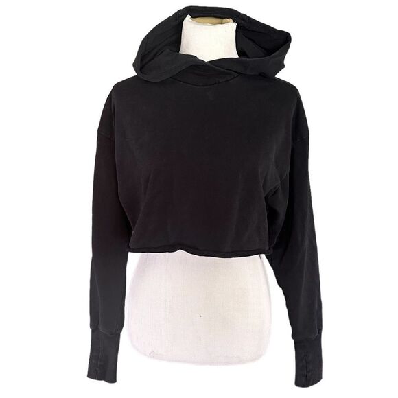 JoyLab Black Hooded Cropped Long Sleeved Casual Relaxed Soft Hoody Sweatshirt - Picture 1 of 8